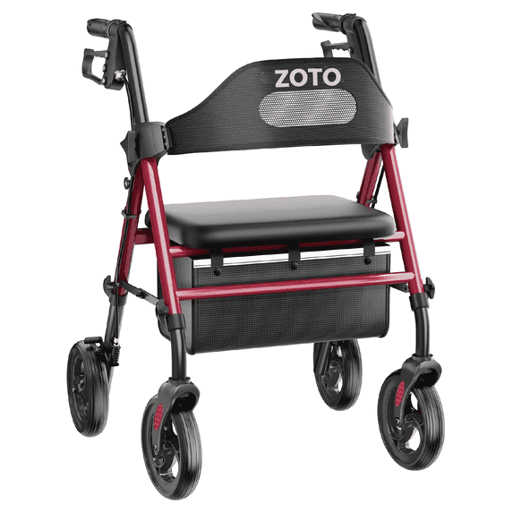 ZOTO Foldable Rollator Walker with Seat for Seniors, Height Adjustable Lightweight Rolling Walker with Sturdy Reinforced Carbon Steel Frame, Red (VR2-RD)