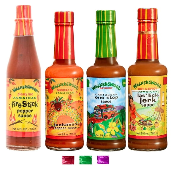 Walkerswood Hot & Savory Sauce Variety Pack of 4 Fire Stick, Hot Jonkanoo Pepper, One Stop & Las Lick Jerk Sauce, Authentic Jamaican & Caribbean Flavors w/ Snoep in Beperkte Oplage