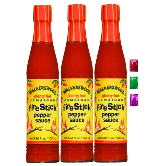 Walkerswood Plenty Hot Jamaican Fire Stick Pepper Sauce 3.38 Fl Oz 3 Pack, Authentic Caribbean Hot Sauce, Spicy & Tangy Flavor for Grilling Cooking Marinade & Dip w/ Snoep in Beperkte Oplage