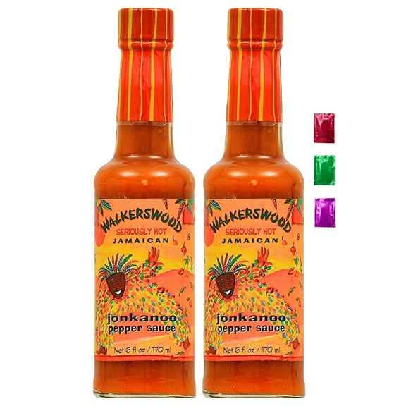 Walkerswood Seriously Hot Jonkanoo Pepper Sauce 6 Fl Oz 2 Pack, Authentic Jamaican Hot Sauce, Spicy Caribbean Seasoning for Grilling Cooking Marinades Meats Seafoods w/ Snoep in Beperkte Oplage