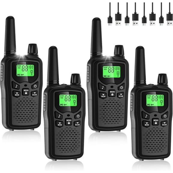Walkie Talkies for Adults Long Range, Rechargeable Talkie 22 FRS Channels Two Way Radios with Noise Reduction, Volume Adjustment, LED Flashlight,1200mAh Battery (4 Pack Black)