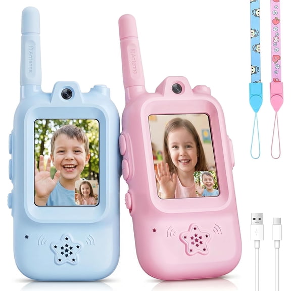 Walkie Talkies for Kids with Real-Time Video Chat, 2 Pack Rechargeable Two-Way Radios, Long Range & Voice Changer, Indoor Outdoor Adventure Toys for Boys Girls Age 3-12 (Blue/Pink)