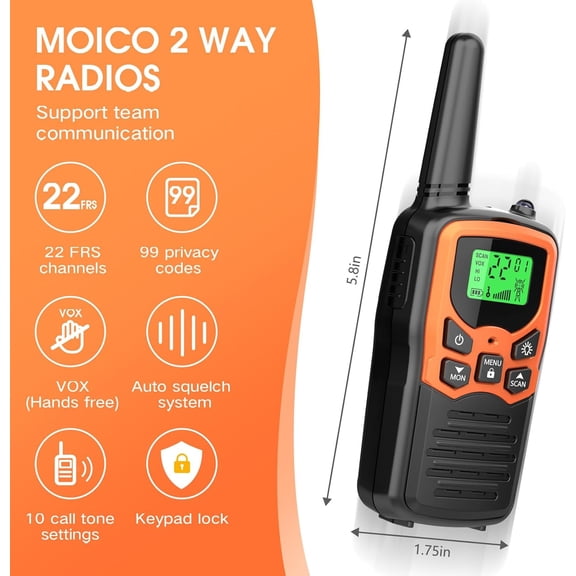 Walkie Talkies, Long Range Walkie Talkies for Adults with 22 FRS Channels, Family Walkie Talkie with LED Flashlight VOX LCD Display for Hiking Camping Trip (Orange 2 Pack)