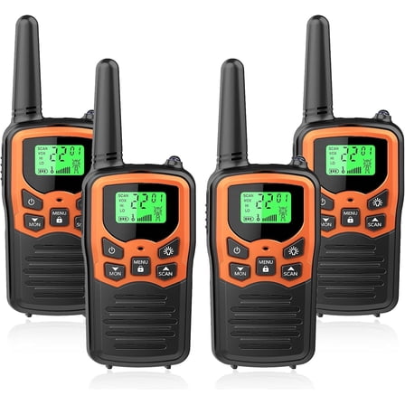 Walkie Talkies, Long Range Walkie Talkies for Adults with 22 FRS Channels, Family Walkie Talkie with LED Flashlight VOX LCD Display for Hiking Camping Trip (Orange 4 Pack)