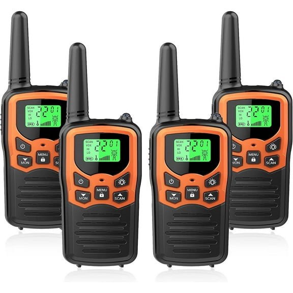 Walkie Talkies, Long Range Walkie Talkies for Adults with 22 FRS Channels, Family Walkie Talkie with LED Flashlight VOX LCD Display for Hiking Camping Trip (Orange 4 Pack)