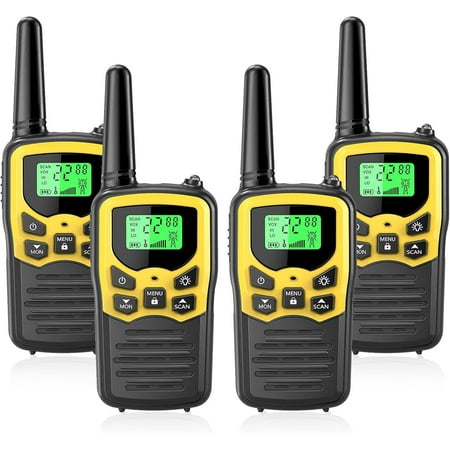 Walkie Talkies with 22 FRS Channels, MOICO Walkie Talkies for Adults with LED Flashlight VOX Scan LCD Display, Long Range Family Walkie Talkie for Hiking Camping Trip (Yellow, 4 Pack)