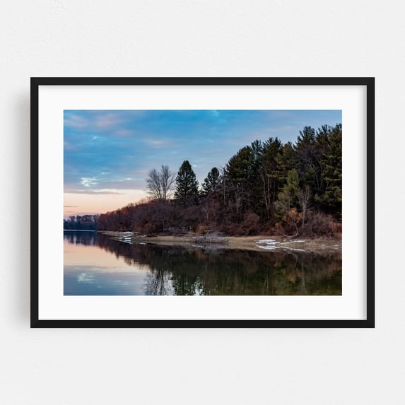 Walking Along the Lake Marburg Shoreline at Dusk in Winter - Hanover Pennsylvania Photography Landscape Lake Winter Nature Scenic Water Forest Black Framed Wall Art Print 5 x 7 inches