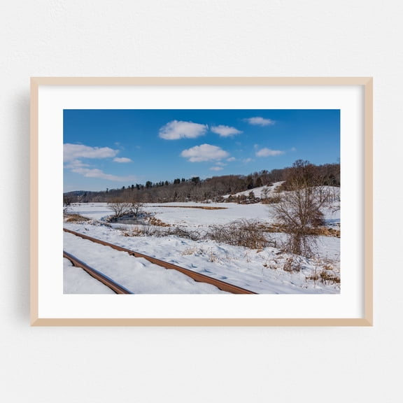 Walking Along the Rail Trail in Seven Valleys PA on a Winter Day - Seven Valleys Pennsylvania Photography Winter Snow Railroad Landscape Rural Scenic Nature Oak Framed Wall Art Print 5 x 7 inches