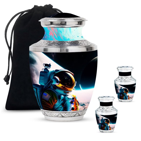 Walking Astronaut Large Urn For Ashes For Women - Memorial Small Urns For Ashes Dad - Handcrafted Decorative Gifts For Cremation Combo 10Inch 200Lbs And 3Inch 2 Keepsake Urn