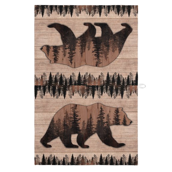 Walking Bear Kitchen Towels Dish Towel Pack of 1 Beer Silhouette Black Pine Forest Brown Wood Grain Soft Dish Cloth Set Absorbent Dishcloth for Drying Dishes, Hand Towels 18 x 28 Inches
