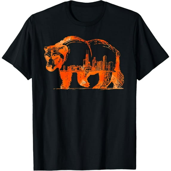 Walking Bear Silhouette Downtown Chicago City Skyline Gift T-Shirt