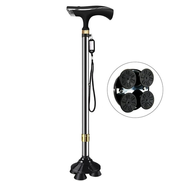 300 lbs Walking Cane, 10 Levels Adjustable Cane for Men Women Senior, with LED Flashlight, Fall Alarm, Pivoting Quad Rubber Base Heavy Duty