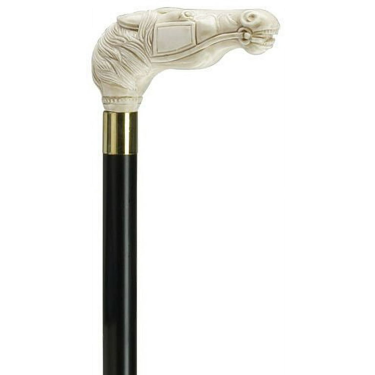 Walking Cane Antique Simulated Ivory Horse Head with Bridle Fritz handle  with black wood shaft, 36 long 