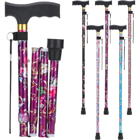 ANCKNE Folding Walking Cane for Men and Women, 5-Level Height Adjustable, Comfortable T-Handle, Portable, Purple Flower