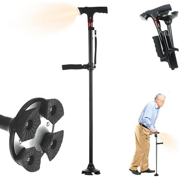 Walking Cane, Canehero Smart Canes with Led Light & Alarm, Canes Four-Leg Base, Double Handles, Foldable Adjustable,Lightweight Mobility Aid for Elderly