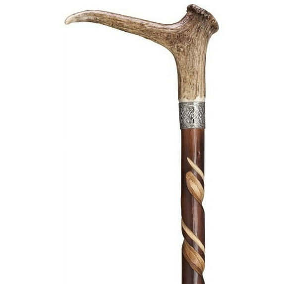 Walking Cane Genuine stag horn antler shape handle cane on artistic spiral hand grooved shaft, 36" long with rubber tip.