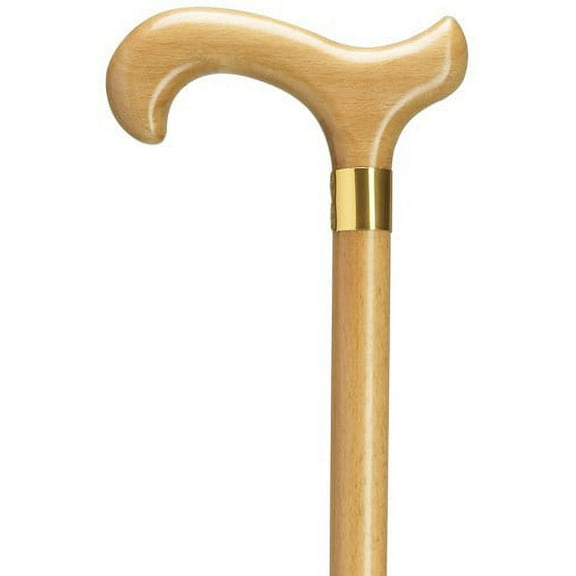 Walking Cane Men Derby Handle Scorched Natural Stain with wide brass band, 36" long w/rubber tip.