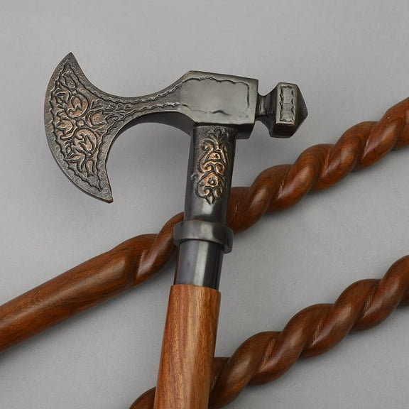 Walking Cane for Mens and Womens Handmade Decorative Cane for Mom and Dad Stylish Walking Stick 36 Inch Non-slip Travel Folding Cane Brown Snake Shaft with Antique Axe Handle