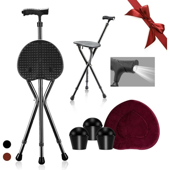 Walking Cane with Seat,Folding Cane Chair, Portable Crutch Chair with LED &Cushion Cover, Adjustable Height Outdoor Rest Stool Lightweight Walking Sticks for Elderly Seniors Women Men