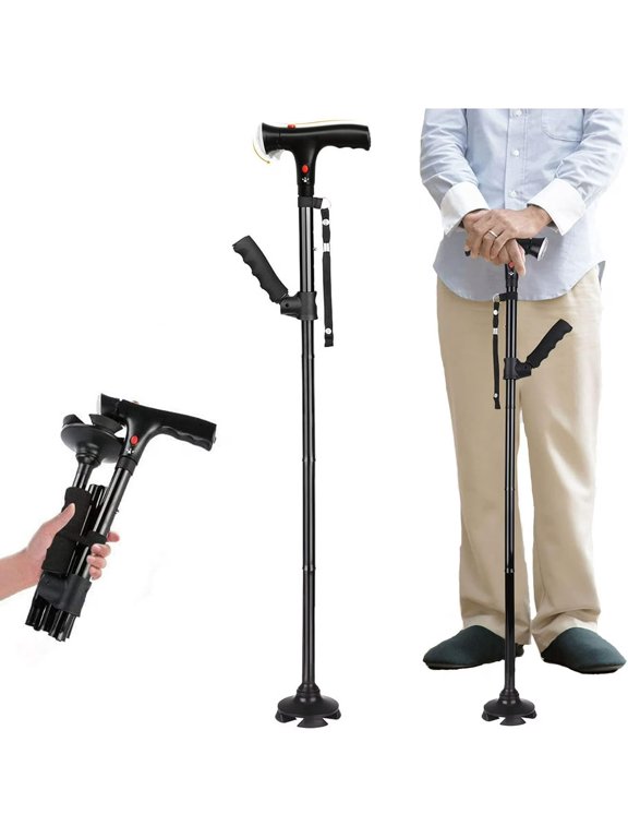 Twin Grip Folding Walking Cane with LED Lights and SOS Alarm for Men and Women, Black