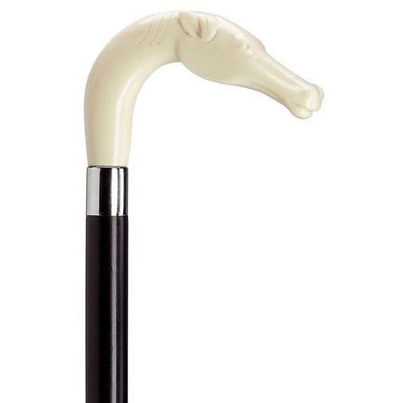 Walking Cane Unisex Horse Head Black Maple Cane, Ivory Color "L" Shaped Handle