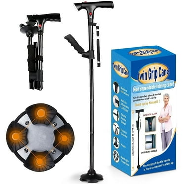 Folding Cane with Led Light and Alarm, with Side Handle, Folding, Adjustable Cane Suitable for Arthritis Disabled and Elderly, Cane with Cushioned T Handle and Swivel Four Pedestal, Black.