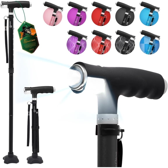 Walking Cane for Women Folding Cane for Men with Two Led Lights Quad Cane with Stable Base Lightweight and Adjustable Walking Stick