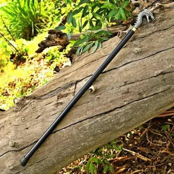 Global Antiques Walking Cane with Dragon Handle Silver Vintage Wooden Stick for Men & Women, Decorative Walking Aid