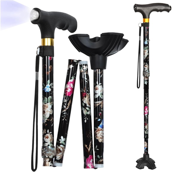 Walking Cane with LED Light, Foldable,Adjustable, Self Standing Walking Canes for Men & Women,Walking Sticks with Quad Base for Seniors & Adults