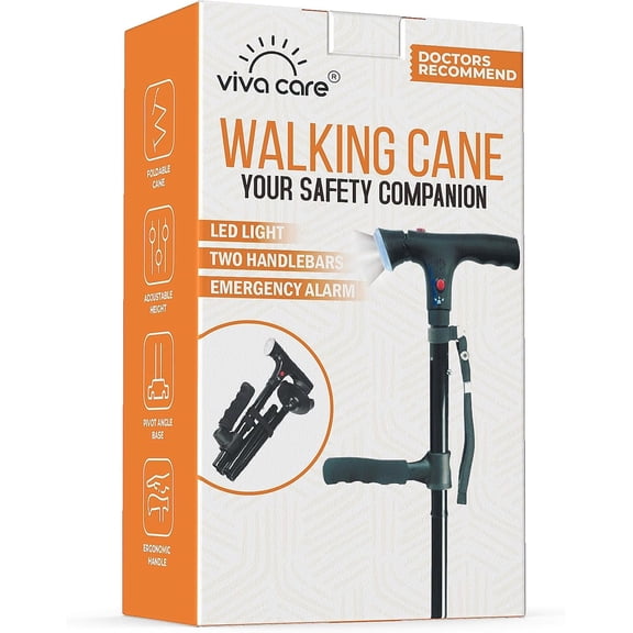 Walking Cane with Light & Alarm - Foldable, Adjustable, Lightweight, for Balance & Stability for Adults, Seniors, and Injured. [Black]