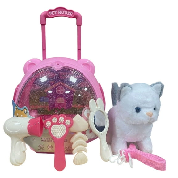 Walking Cat Toy for Kids with Leash, Realistic Toys for Girls Boys Toddler Toys, Barking Wagging Tail Interactive Cat Plush(Gray)