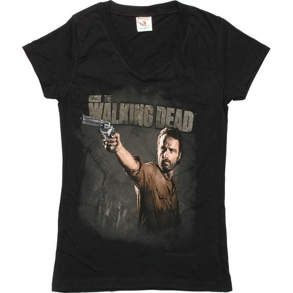 Walking Dead Rick Revolver V Neck Juniors T-Shirt