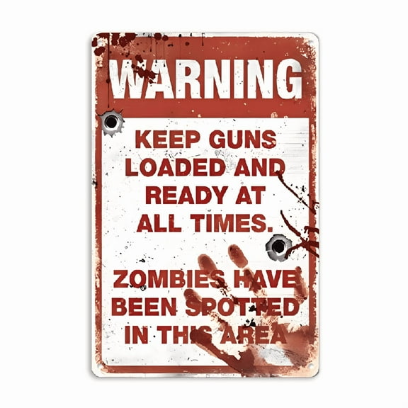 The Walking Dead Zombie Warning Sign - Frameless Metal Wall Decor for Halloween, Home & Bar - Rustic Red & White Design with Humorous Message, Durable Tinplate Material, Easy to Hang, Perfect for Liv