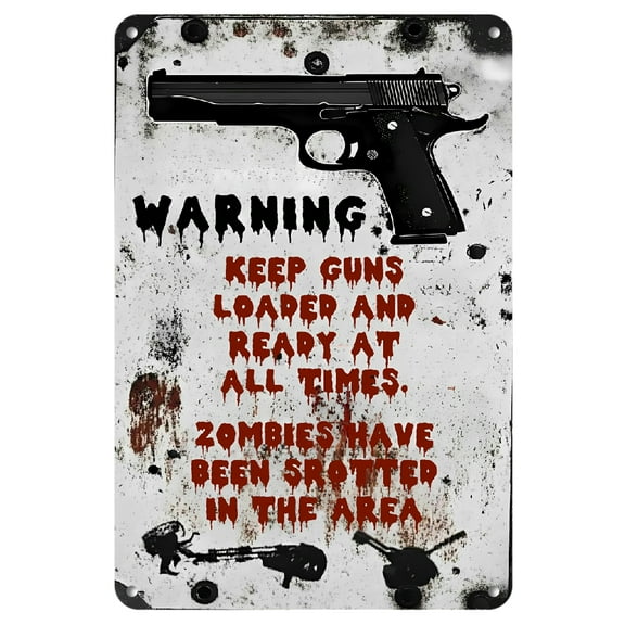 The Walking Dead Zombie Warning Sign, Frameless Metal Wall Decor for Halloween, Home & Bar - Rustic Red & White Design with Humorous Message, Durable Tinplate Material, Perfect for Living Room
