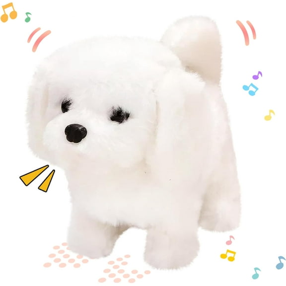 Walking Dog Bichon Interactive Electronic Pet Plush Toy Puppy Woof and Moving Animated Nodding Head Gifts for Toddlers Birthday, White, 7''