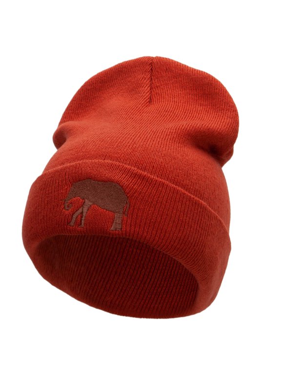 Walking Elephant Embroidered 12 Inch Long Knitted Beanie - Rust OSFM