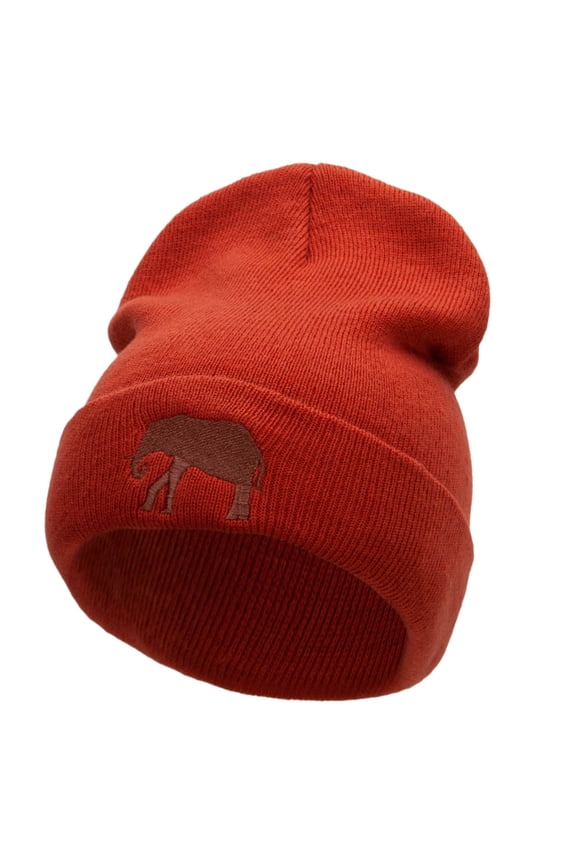 Walking Elephant Embroidered 12 Inch Long Knitted Beanie - Rust OSFM