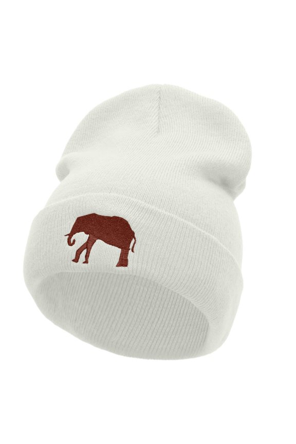 Walking Elephant Embroidered 12 Inch Long Knitted Beanie - White OSFM