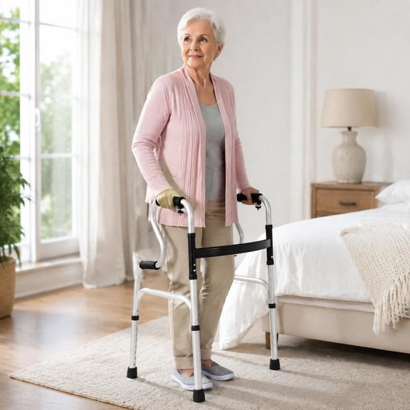 Walking Frame Walker, aluminum construction, one-button folding, 8-level height adjustable, non-slip foot pads
