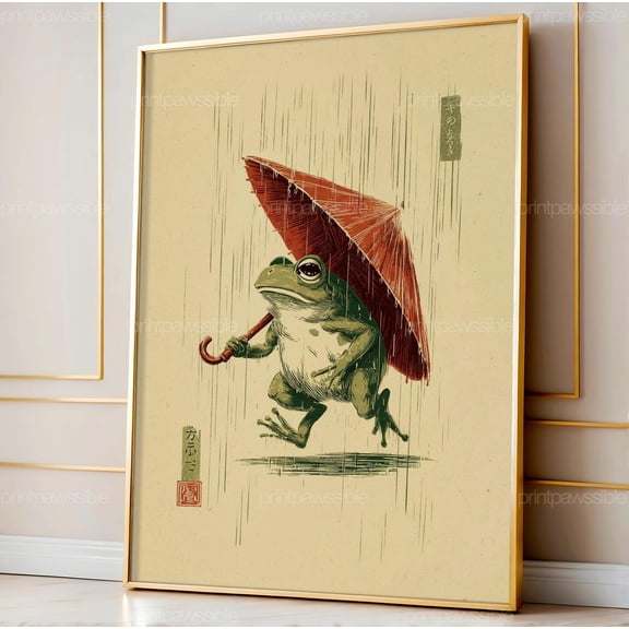 Walking Frog Rain Traditional Japanese Style Animal Print Earth Tone Minimalist Printable Unframed Paper Print