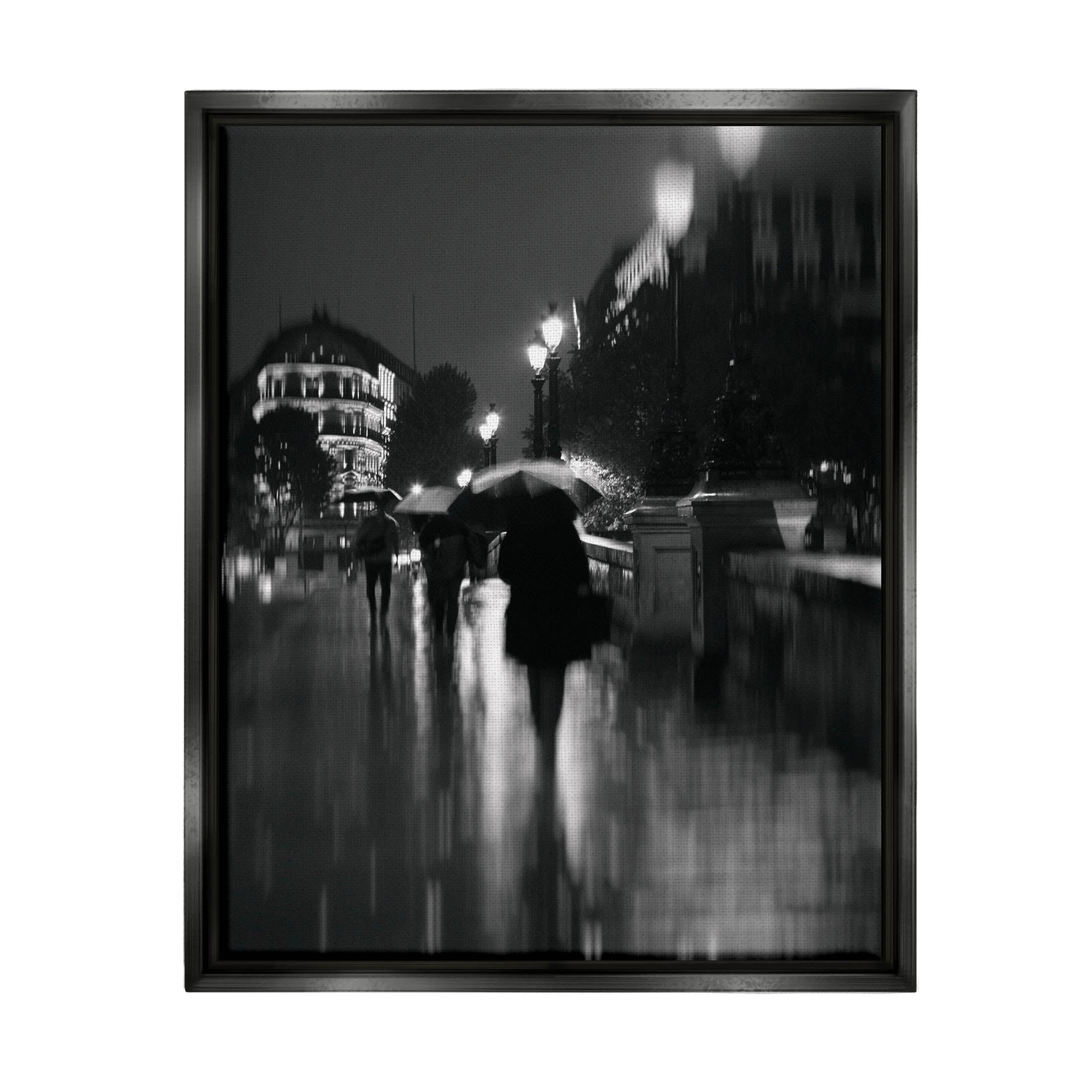 Walking In Rain Urban Buildings Town & City Photograph Jet Black Framed Art Print Wall Art