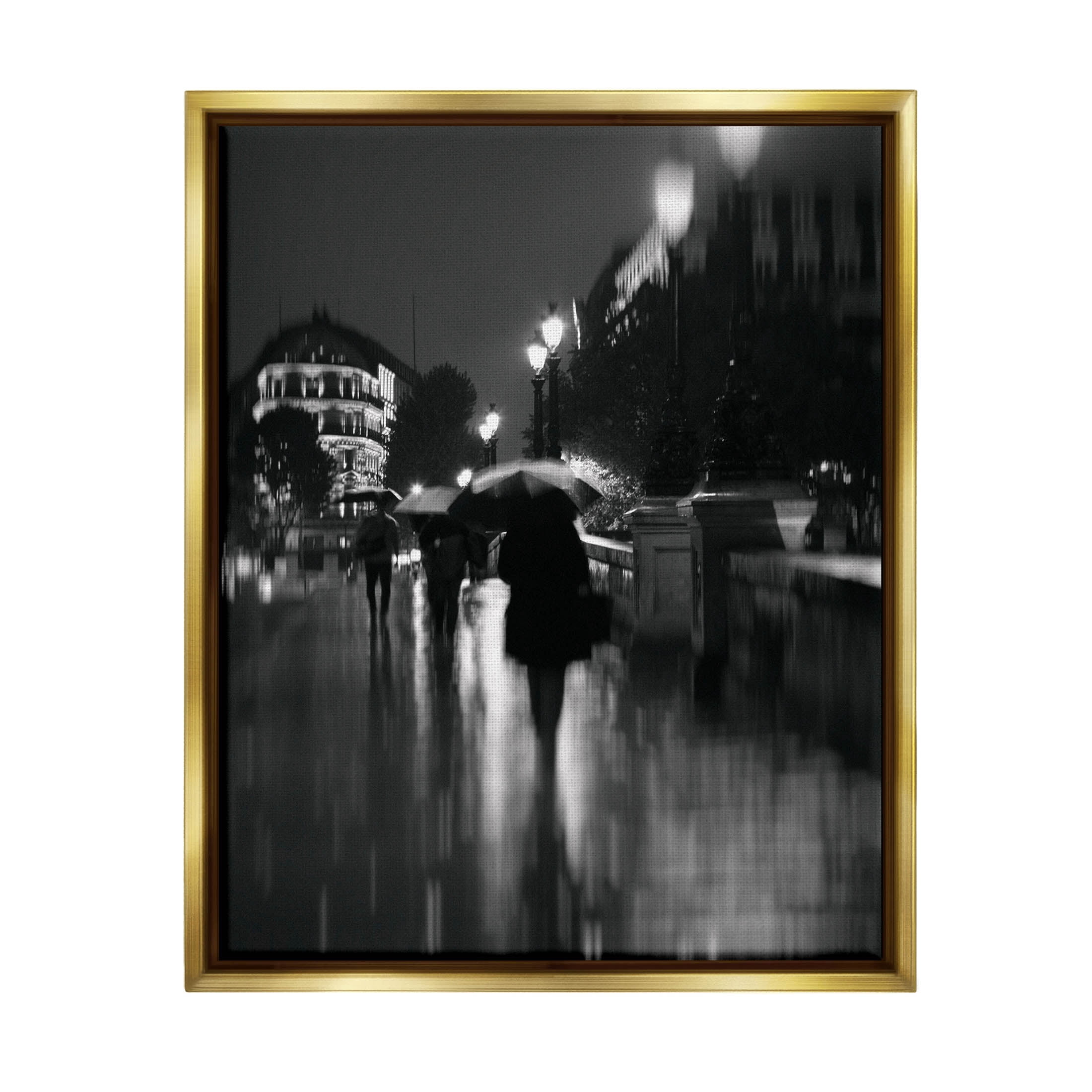 Walking In Rain Urban Buildings Town & City Photograph Metallic Gold Framed Art Print Wall Art