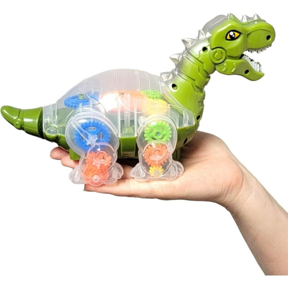 Walking Light-Up Gear T-Rex with Light & Music and Roaring Sound (Green) (9.5") Plastic. Transparent Gear Dino