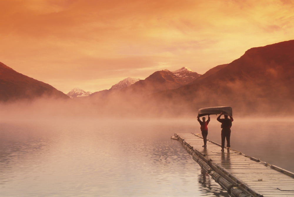 Walking On Dock Robe Lake Sunrise Sc Ak Chugach Mts Summer Canoe & Flyfishing Gear Canvas Art - Michael DeYoung Design Pics (17 x 11)