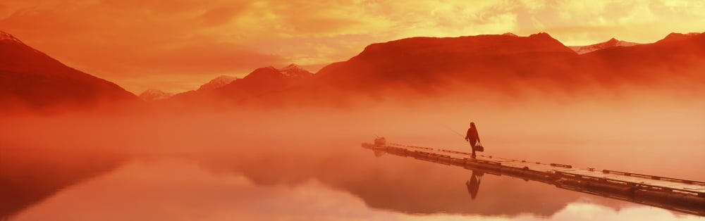 Walking On Dock Robe Lake Sunrise Sc Ak Chugach Mts Summer Canoe & Flyfishing Gear Canvas Art - Michael DeYoung Design Pics (26 x 8)