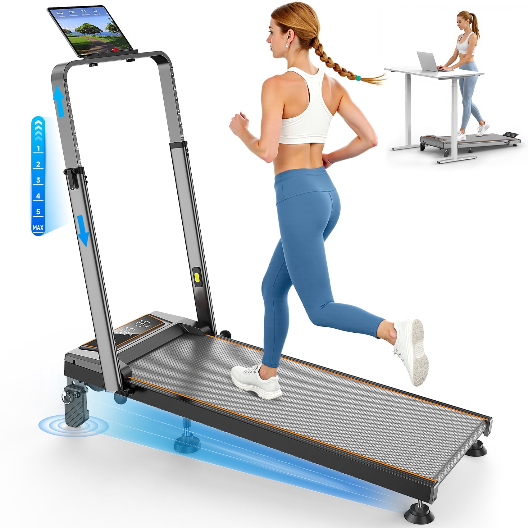 Walking Pad with 12% Incline/Adjustable Height Handle Bar, Upgraded 3.5HP Walking Pad with Handle Bar, 4 in 1 Foldable Treadmill with Incline, Electric Portable Treadmills for Home 350LBS, LED Displa