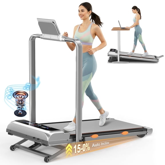 Walking Pad with 15% 12-Level Auto Incline & Handle Bar, 450 lbs Capacity UI Screen,3.5HP Quiet Under Desk Treadmill, Speaker, APP & Remote Control, Treadmills for Home Hiking