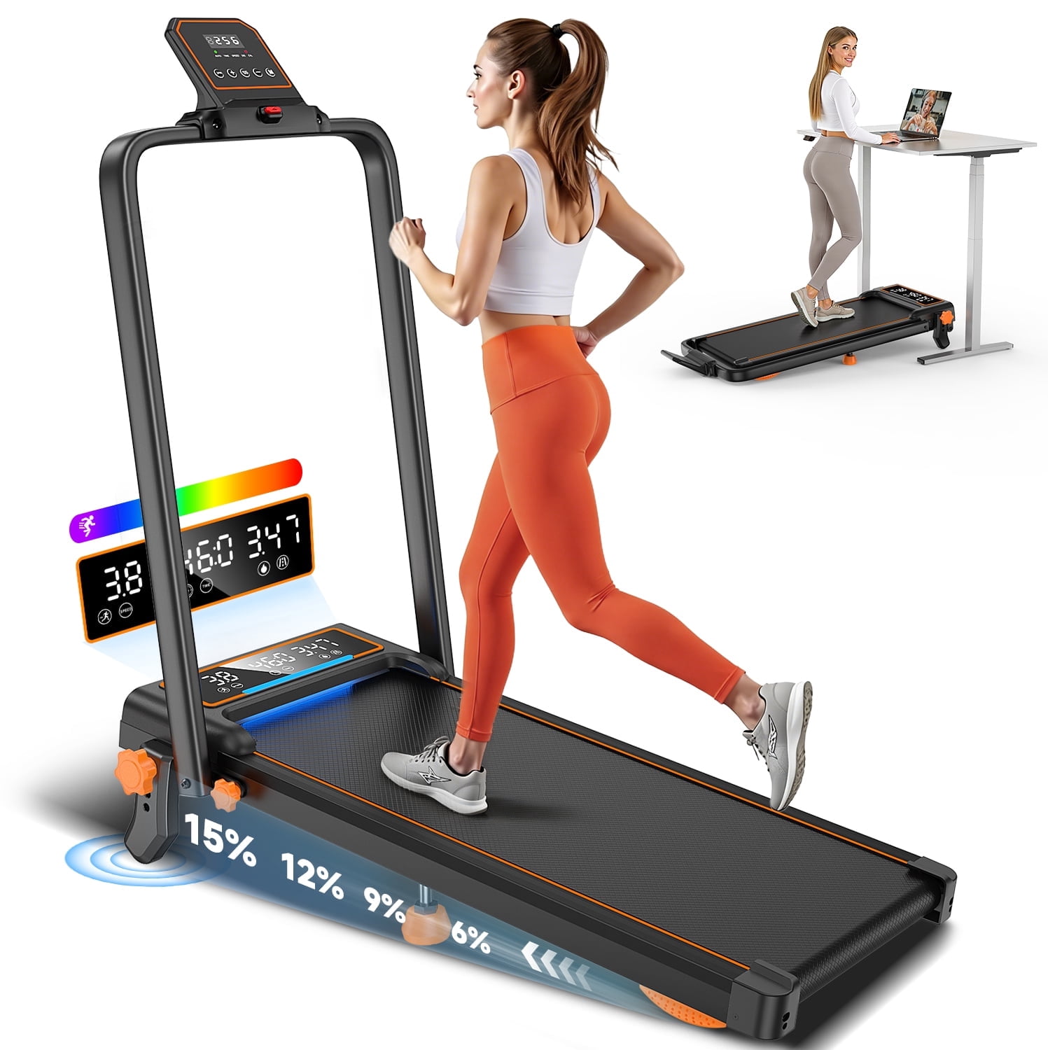Walking Pad with 15% Incline//Handle Bar/Dual Display, 3.5HP Portable Treadmills for Home Small, Foldable Walking Pad Treadmill with Incline 4 Level, Incline Walking Pad -RGB Light, 350lb Capacity