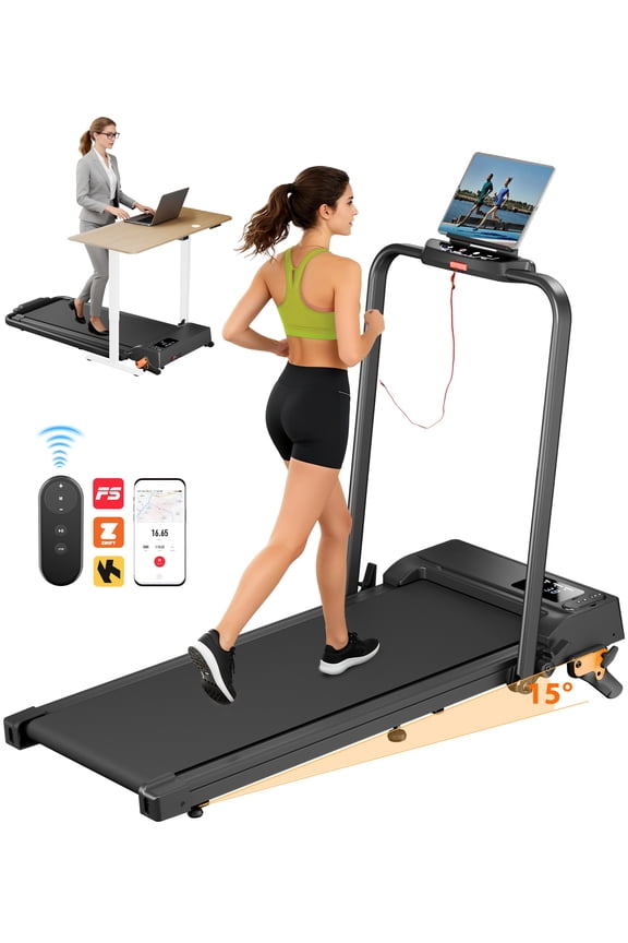 Treadmill with APP,2 in 1 Portable Treadmill with 3-Level Incline,Walking Pad with Handle Bar for Home and Office, 2.5 HP Quiet Walking Jogging Running Machine with LED Display