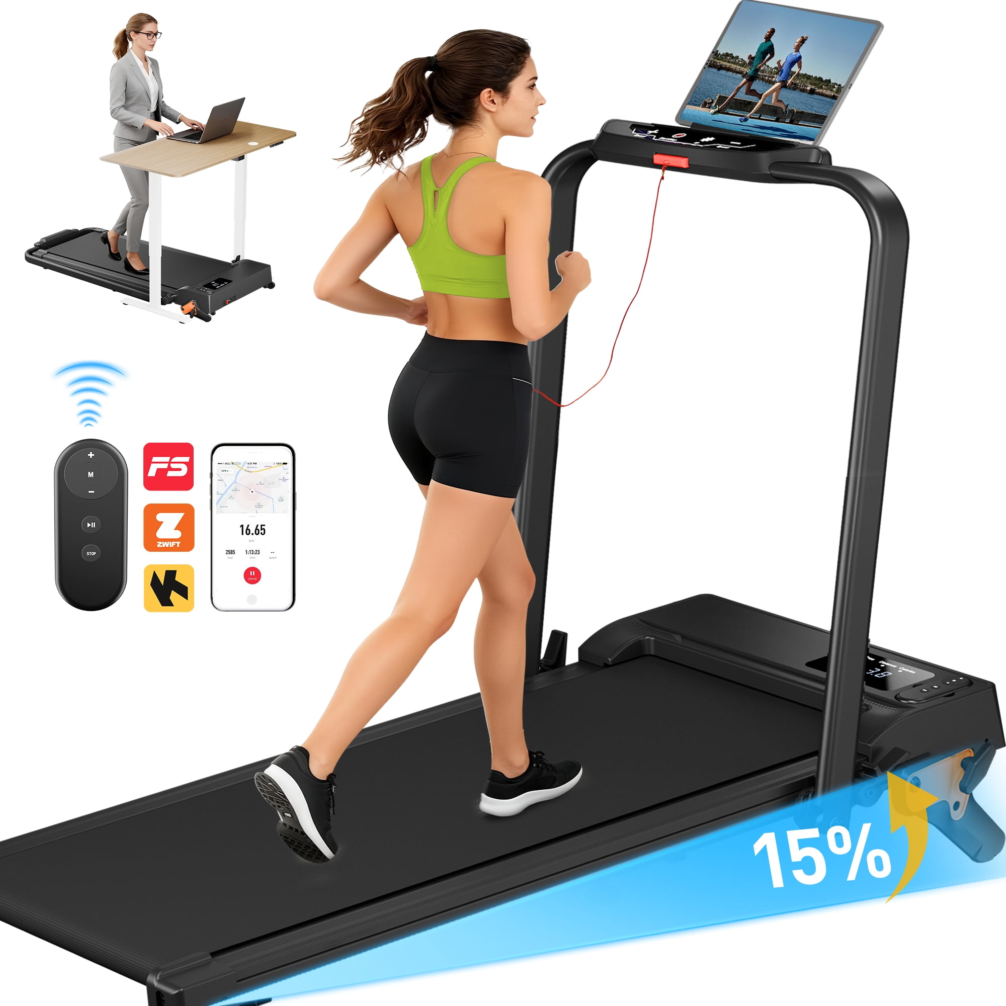 Treadmill with APP,2 in 1 Portable Treadmill with 3-Level Incline,Walking Pad with Handle Bar for Home and Office, 2.5 H